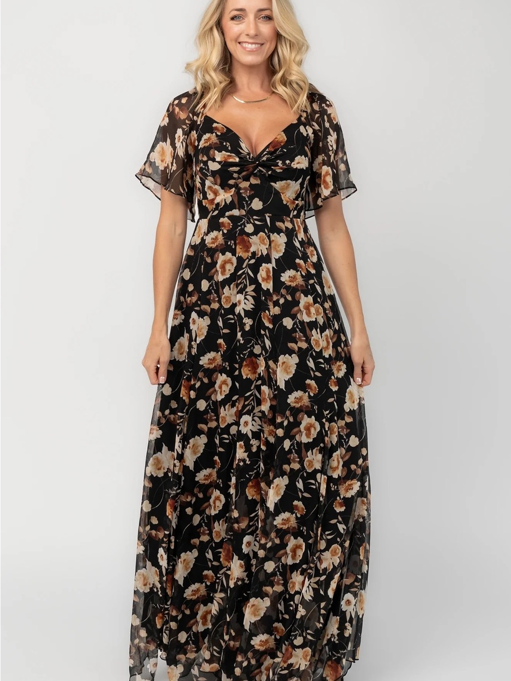 Baltic Born Black Floral Maxi Dress with Brown & Cream Blooms